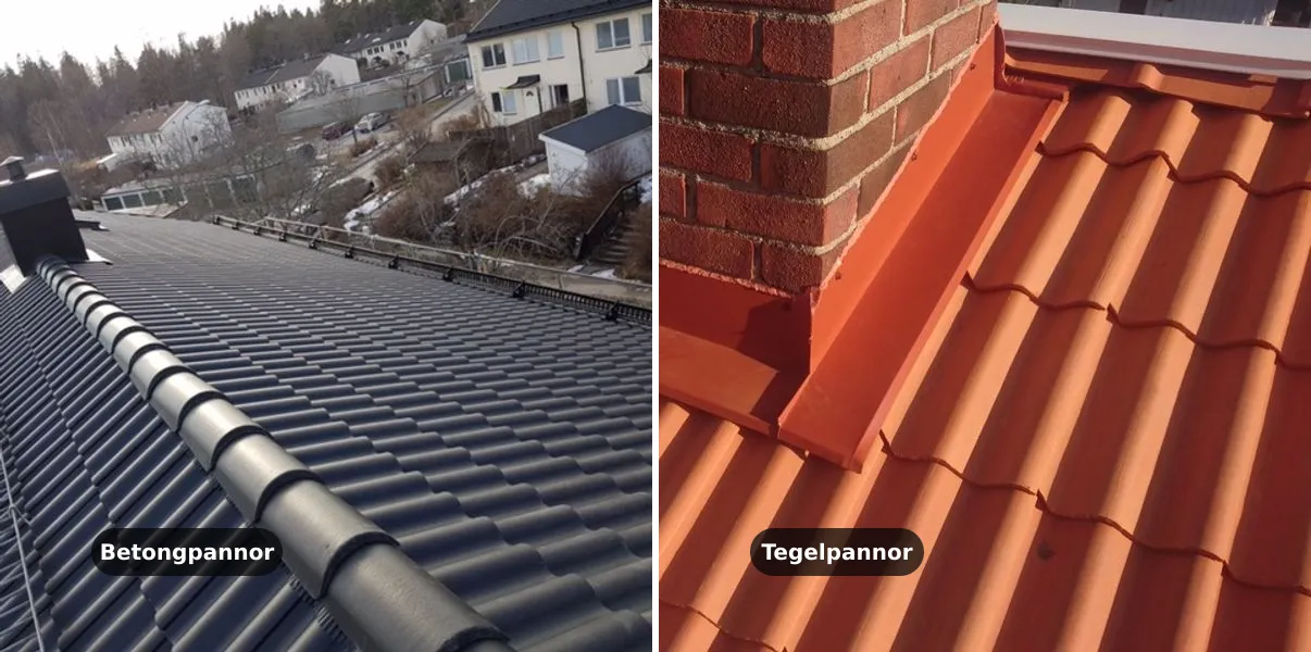 Till vänster svarta betongpannor på ett tak i Farsta, till höger tvåkupigt lertegel vid en skorsten i Älvsjö. Båda taken är lagda av Sands.