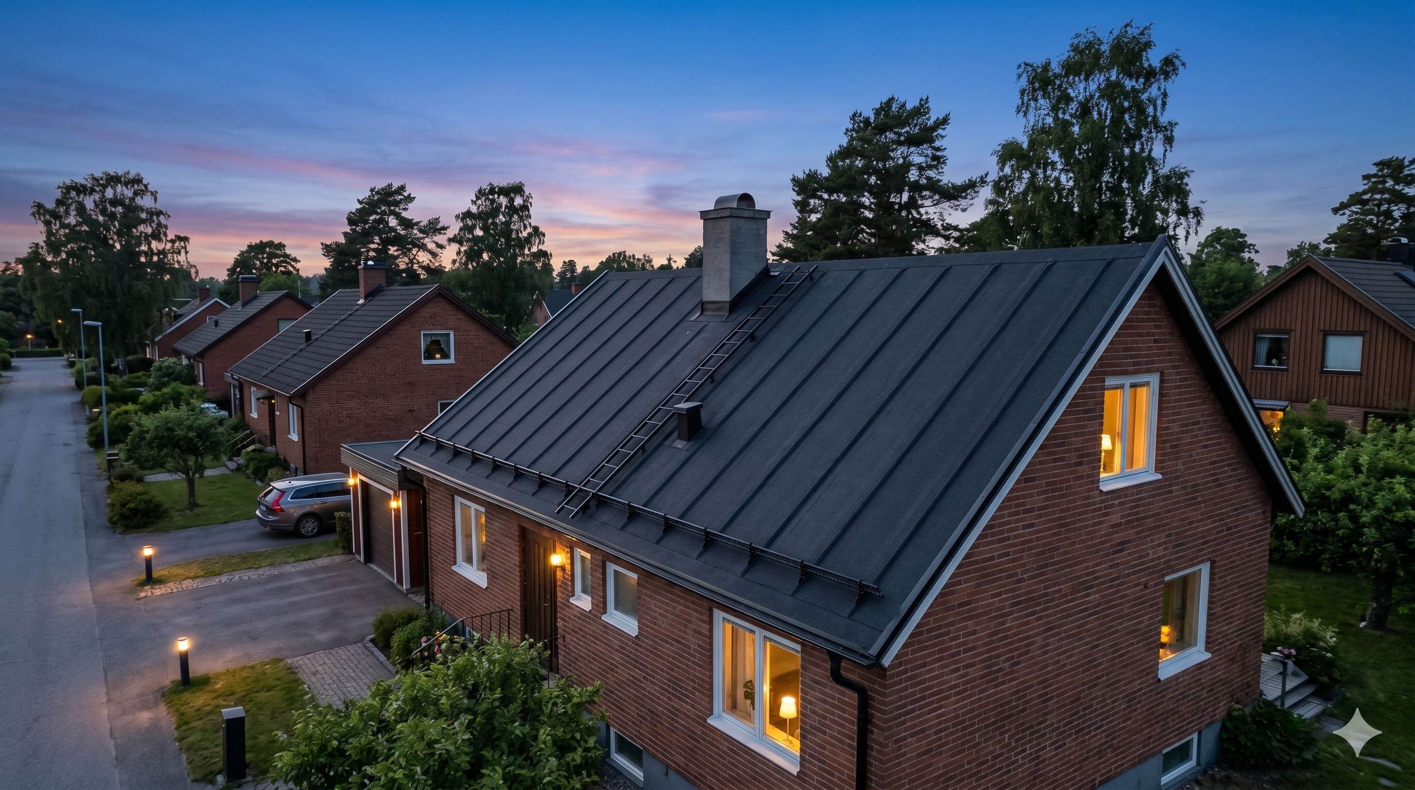 Villa i skymning med nylagt plåttak i Stockholm